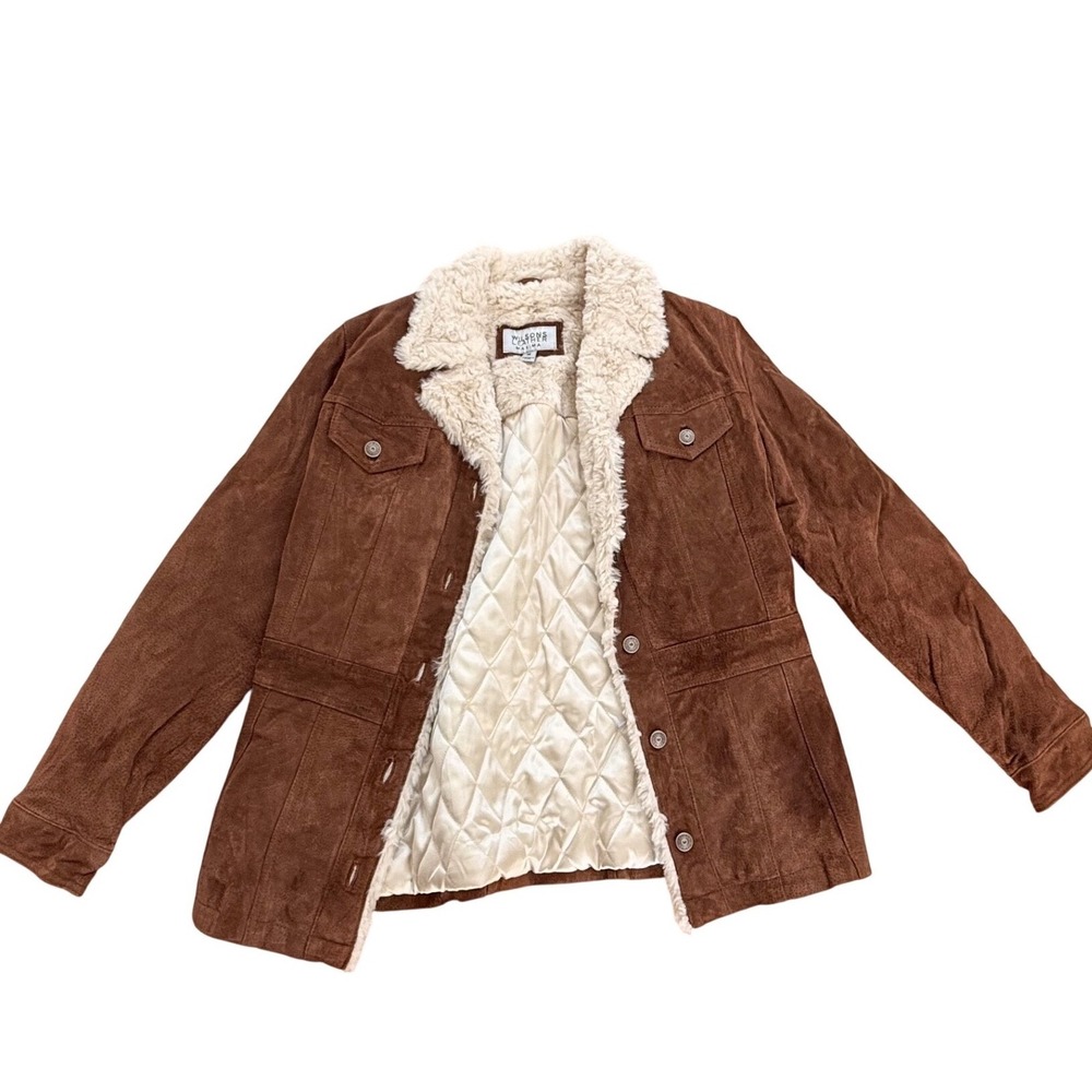 Wilsons Leather Maxima Brown Suede Faux Shearling Trucker Jacket Womens Medium